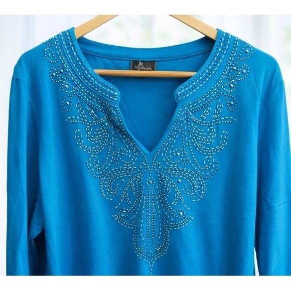 JM Collection Embellished V Neckline Popover Top 3/4-Sleeve Turquoise Size L - Picture 3 of 12